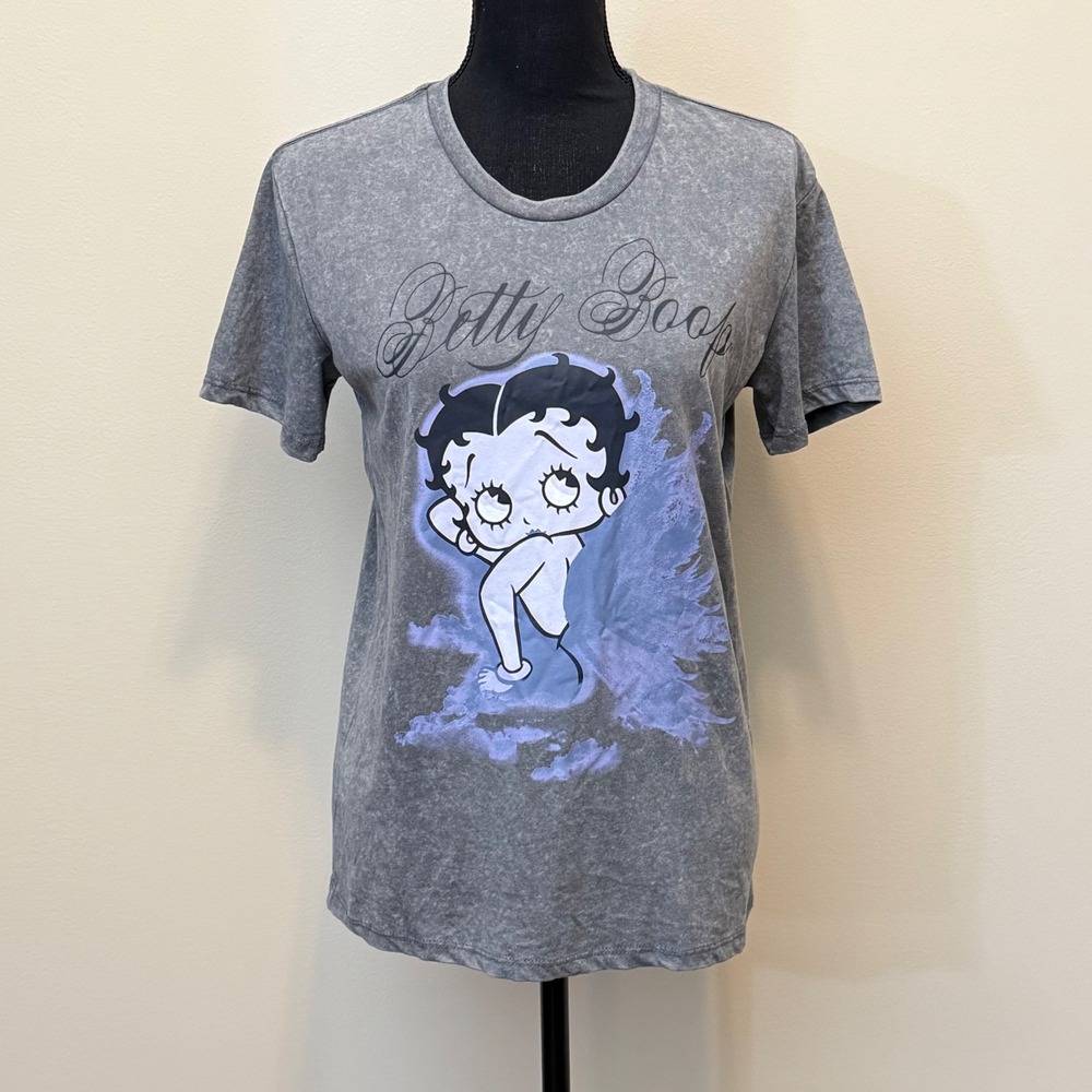 Betty Boop Graphic T-Shirt Gray Acid Wash Short Sleeve Crewneck Womens S Vintage
